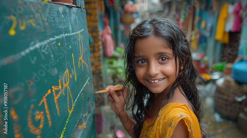 An Indian girl dressed in her school uniform, standing proudly in front of a green chalkboard with the alphabet written on it. photo