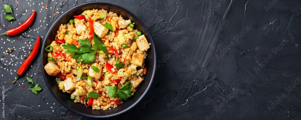 Delicious bowl of fried rice with vegetables and chicken garnished with cilantro, chili peppers and sesame seeds on a dark textured background.