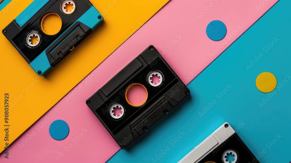 Three cassette tapes on a colorful background with blue, yellow and pink stripes. Three cassette tapes on a colorful background with blue, yellow and pink stripes.