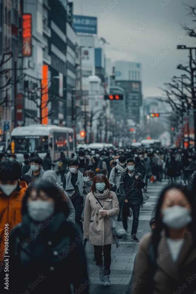 A dense crowd moves through a city street, many wearing masks. The atmosphere feels somber and busy, reflecting urban life amid uncertainty. A dense crowd moves through a city street, many wearing masks. The atmosphere feels somber and busy, reflecting urban life amid uncertainty.