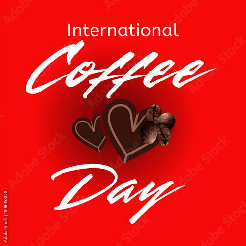 International Coffee Day Simple Clean Hand Lettering Logotype With Realistic Coffee Bean on Heart and Coffee Ornaments, Start your day with Coffee, Isolated on Red Color Background