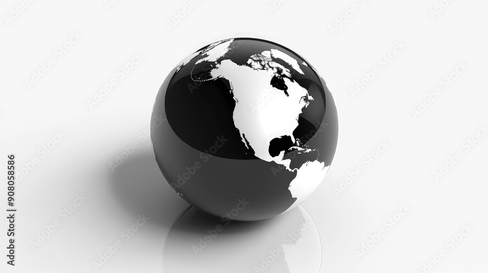A minimalist black and white globe icon, with detailed continents and a glossy finish, on a white background. A minimalist black and white globe icon, with detailed continents and a glossy finish, on a white background.