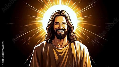 jesus christ face smiling with halo and rays of light cartoon style animation isolated. represent jesus love. ascention, ressurection, and transformation - 4k stock video footage AI  photo