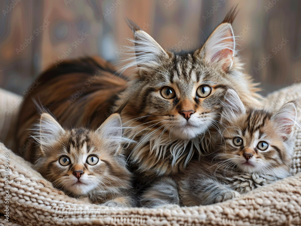 Maine Coon Cat Family Snuggling Together in a Cozy Basket at Home Stock ...