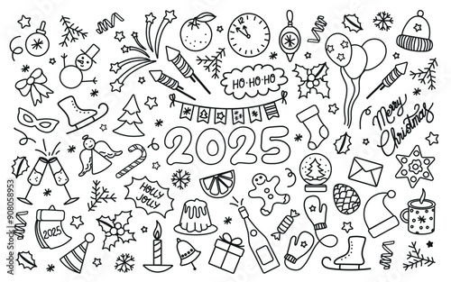 Happy New year 2025. New year doodle vector set. Black elements isolated on white background.