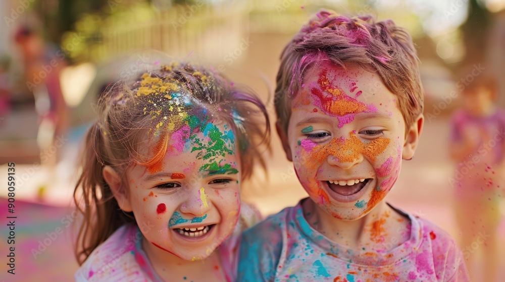 Two young children, faces covered in different colors of powder, smiling widely as they chase each other with handfuls of powder Two young children, faces covered in different colors of powder, smiling widely as they chase each other with handfuls of powder