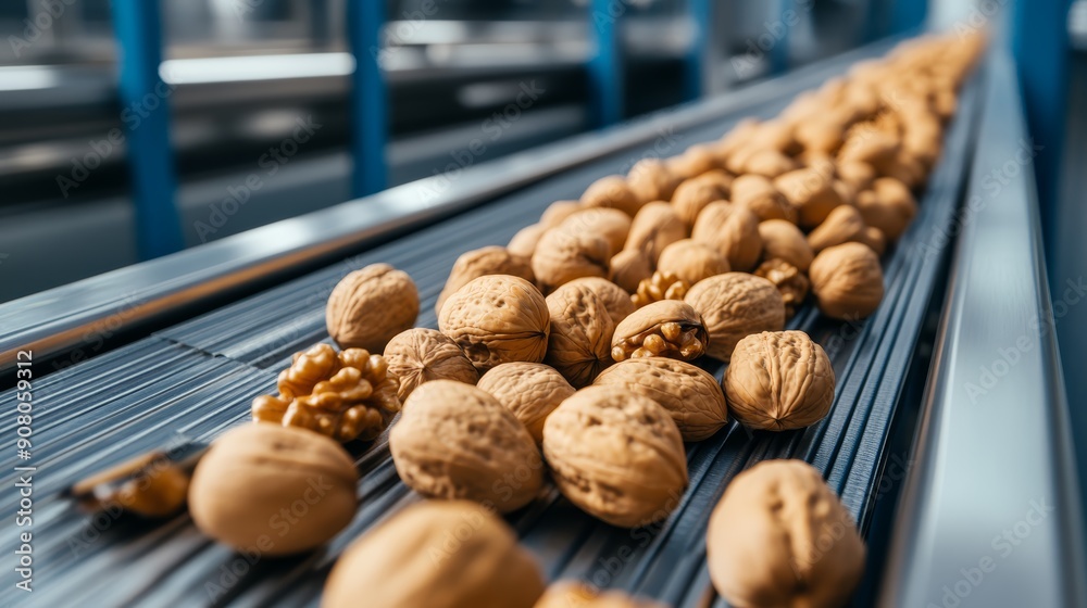 Macro shot of conveyor belt carrying walnuts, focusing on the surface details of the nuts and the sleek machinery in the background, high-resolution photo, realistic photo Macro shot of conveyor belt carrying walnuts, focusing on the surface details of the nuts and the sleek machinery in the background, high-resolution photo, realistic photo