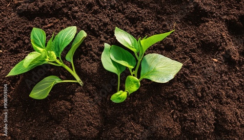 Close-up of green seedlings growing in rich, dark soil. The image represents growth, nature, and the beginning of a new life