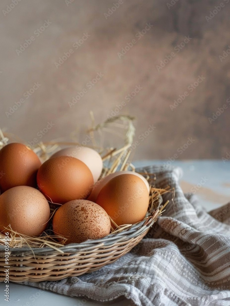 A rustic basket filled with brown eggs on a cloth napkin, captured in a cozy, warm-toned kitchen setting. A rustic basket filled with brown eggs on a cloth napkin, captured in a cozy, warm-toned kitchen setting.