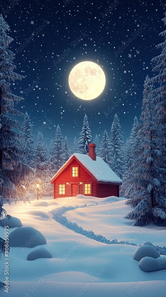Winter Scene with Red Cabin and Full Moon Winter Scene with Red Cabin and Full Moon