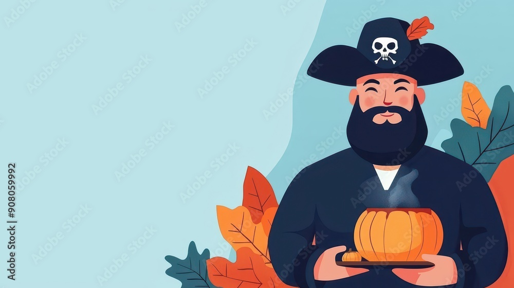 A cheerful pirate with a pumpkin, surrounded by autumn leaves, perfect for Halloween-themed illustrations and designs. A cheerful pirate with a pumpkin, surrounded by autumn leaves, perfect for Halloween-themed illustrations and designs.