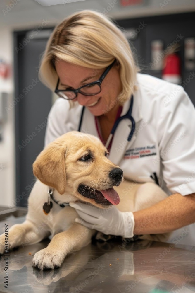 A veterinarian examines a happy Labrador puppy on a table, demonstrating veterinary care, attention, and love for animals in a clinic environment. A veterinarian examines a happy Labrador puppy on a table, demonstrating veterinary care, attention, and love for animals in a clinic environment.