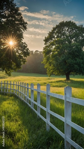 A white fence in a green lush field at sunset