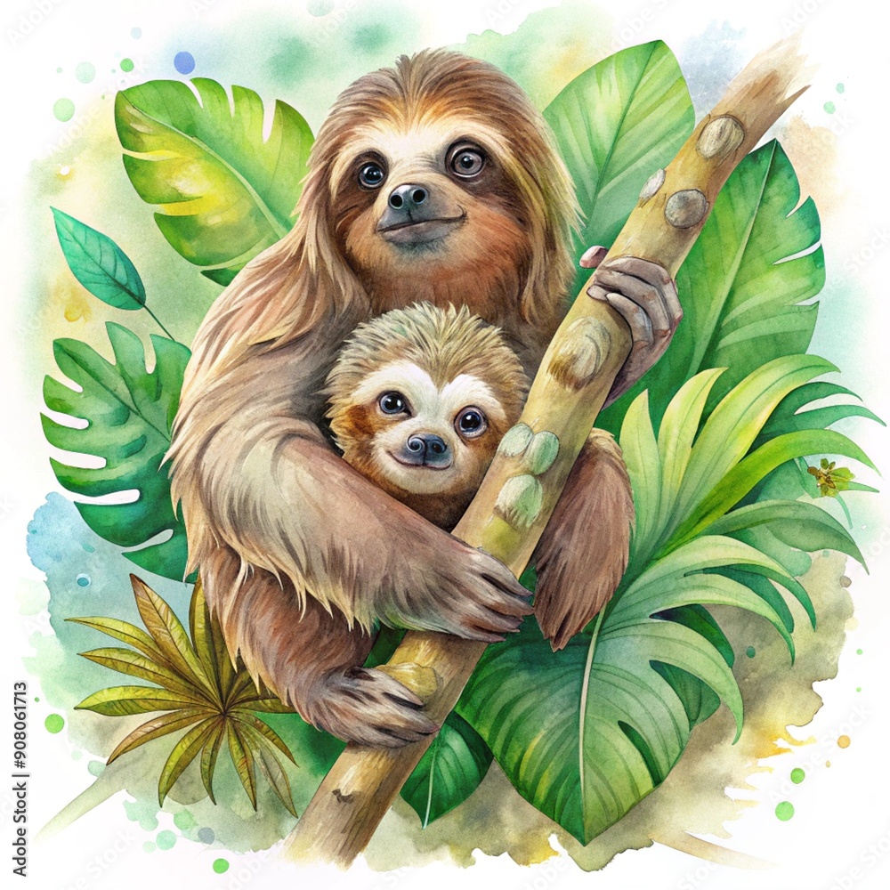 Obraz premium Sloth Watercolor, Mom and Baby Sloth paint Watercolor boho tropical drawing, Mother sloth with baby holding on branch and tree. digital file clipping path isolated on a white background