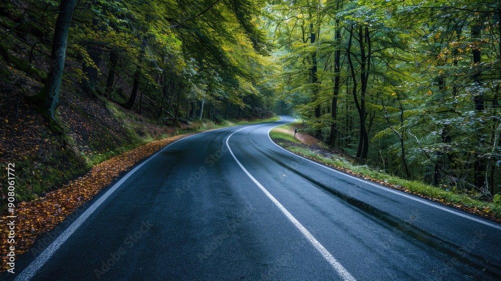 Fototapeta premium Asphalt cuts through the beautiful forest Generative AI