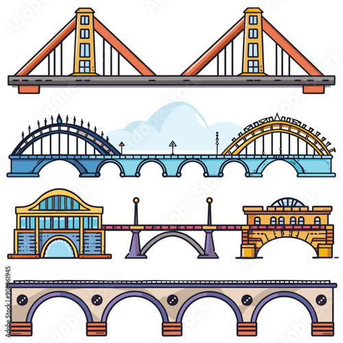 Suspension bridge steel towers spanning wide river. Large arch bridge people walking parapet walkway spanning body water. Railway trains passing overhead riverbank. Ornate river background clouds