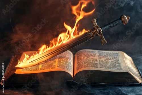 Sword of the spirit. Holy bible. For the word of God is living and active, sharper than any double-edged sword. Flaming sword of the spirit and the word of god concept art. With copy space , ai