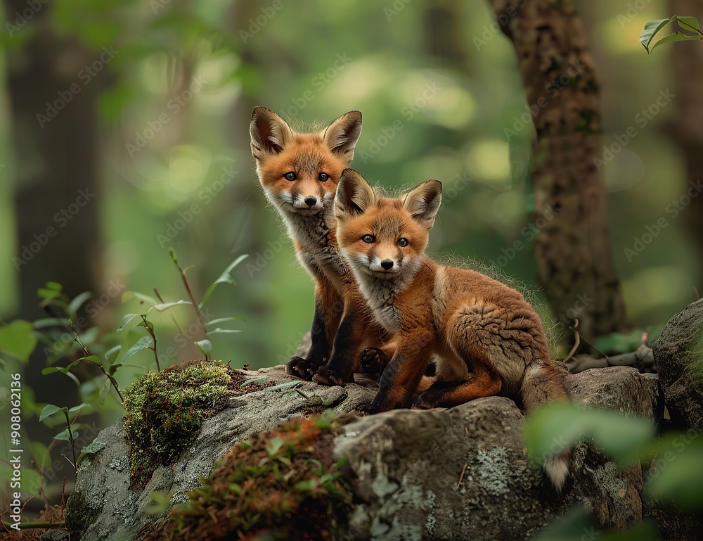 photograph of two fox cubs in the forest, sitting on rocks photograph of two fox cubs in the forest, sitting on rocks