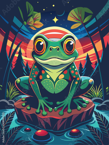 A Green Frog Sitting on a Rock in a Watery Forest Setting