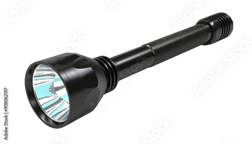 A black flashlight with a bright blue light shining from the front. The flashlight is isolated on a black background.