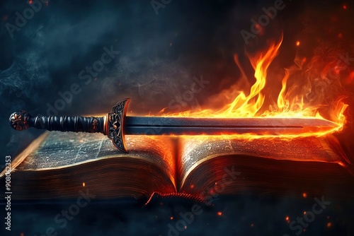 Sword of the spirit. Holy bible. For the word of God is living and active, sharper than any double-edged sword. Flaming sword of the spirit and the word of god concept art. With copy space, ai photo