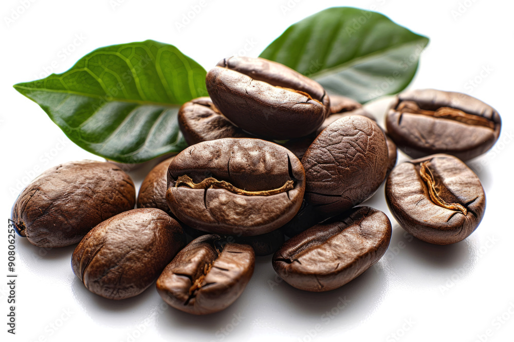 Aromatic roasted coffee beans with green leaf on a white background Aromatic roasted coffee beans with green leaf on a white background