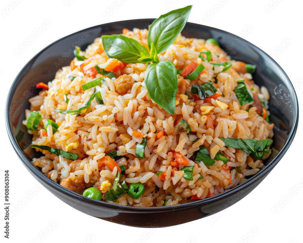 A bowl of fried rice with vegetables and herbs, garnished with fresh basil. A bowl of fried rice with vegetables and herbs, garnished with fresh basil.
