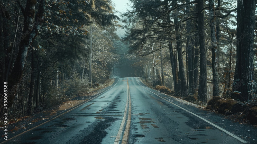 Fototapeta premium Asphalt cuts through the beautiful forest Generative AI