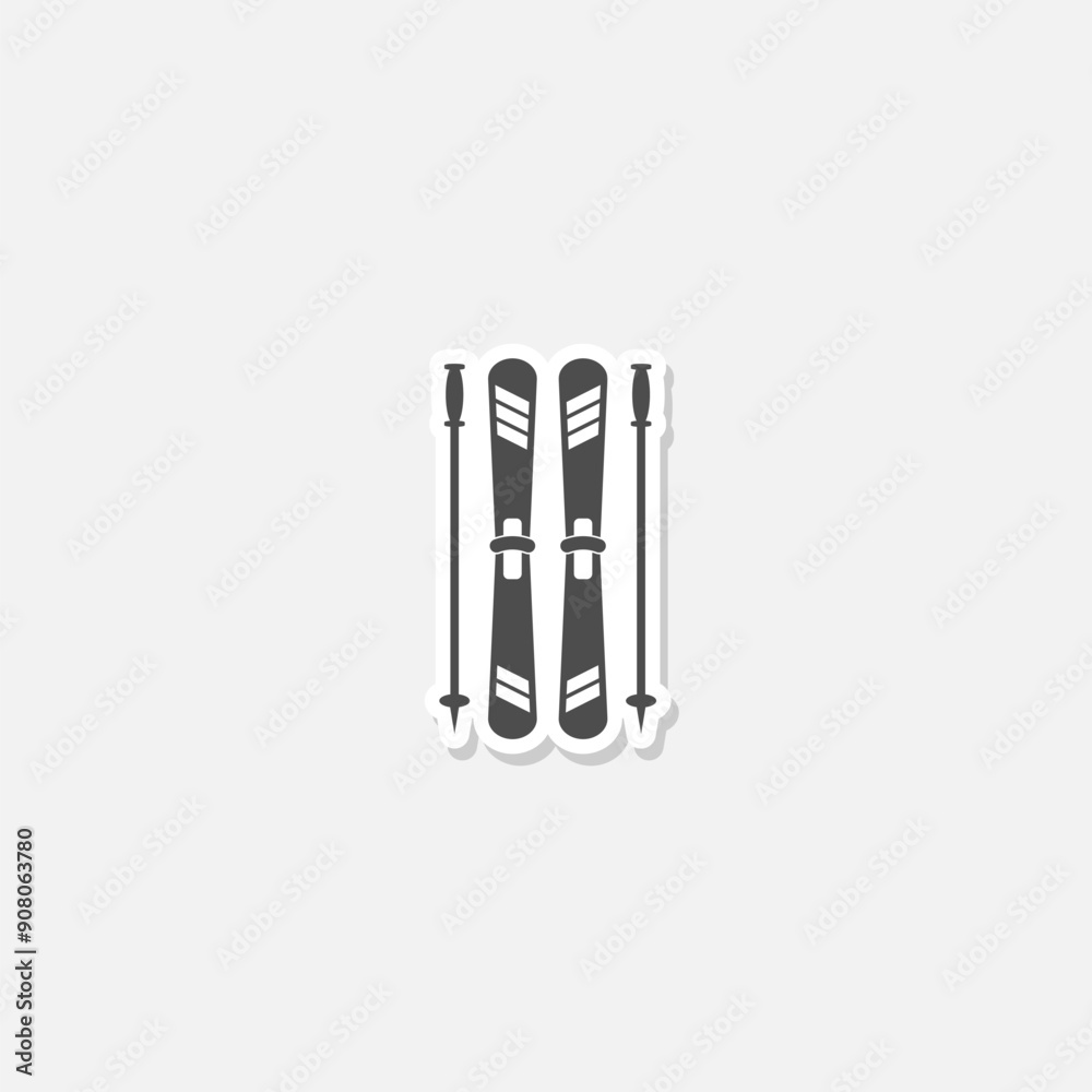 Mountain skis and ski poles icon sticker isolated on gray background Mountain skis and ski poles icon sticker isolated on gray background