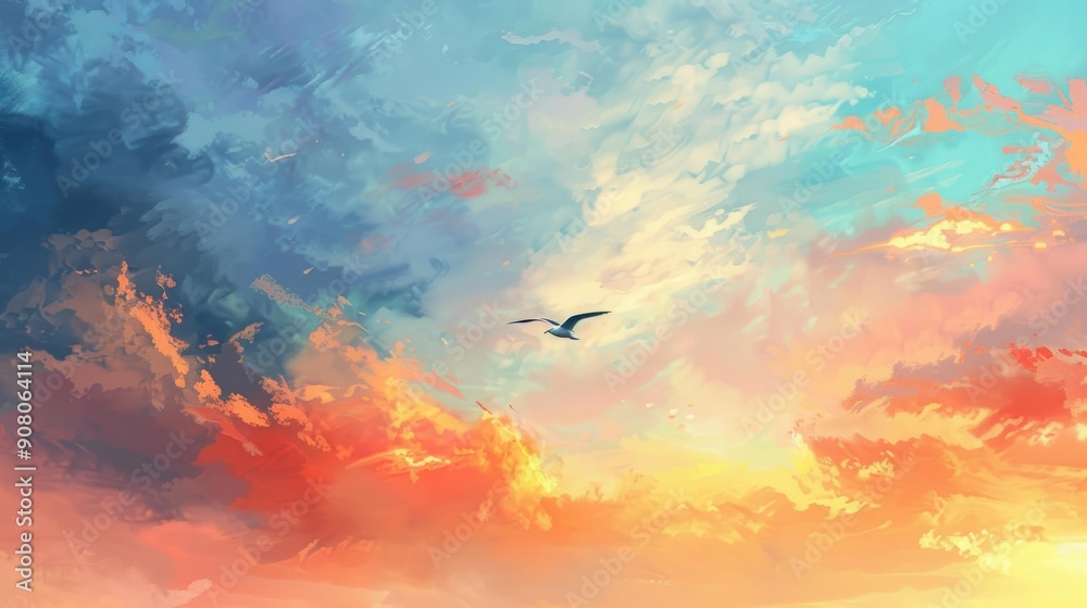 Vibrant clouds merge in shades of blue, orange, and pink, while a solitary bird glides gracefully through the expansive sky.