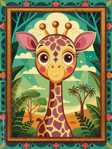 A Portrait of a Cartoon Giraffe in a Golden Frame