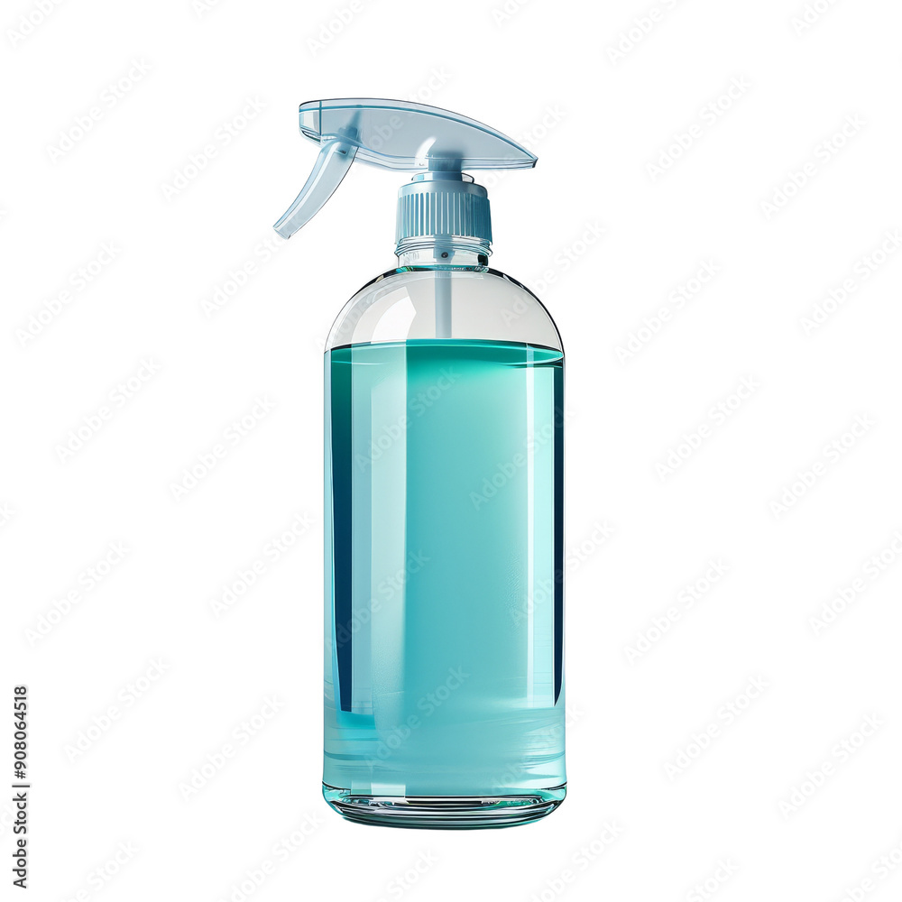 A clear spray bottle with a blue liquid, isolated on a white background. Perfect for cleaning, disinfectant, or sanitizer product packaging. A clear spray bottle with a blue liquid, isolated on a white background. Perfect for cleaning, disinfectant, or sanitizer product packaging.