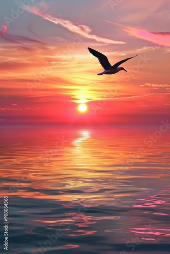A seagull soars above calm waters, reflecting vibrant pink and orange hues as the sun sets, creating a serene and peaceful atmosphere.