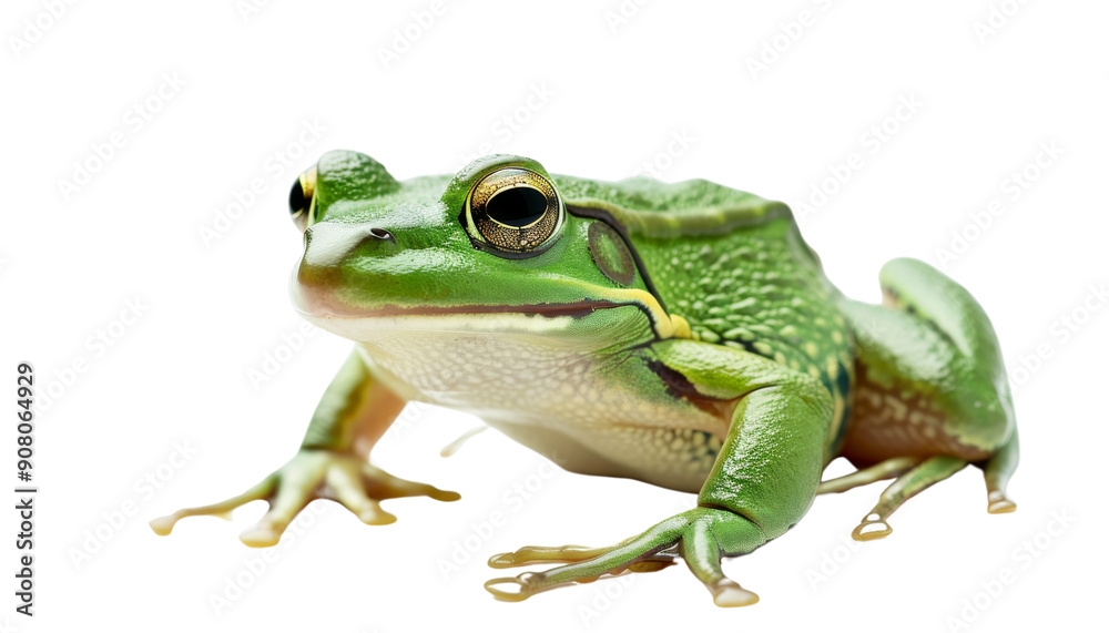 A close-up of a green frog with bright eyes, sitting on a white background. A close-up of a green frog with bright eyes, sitting on a white background.