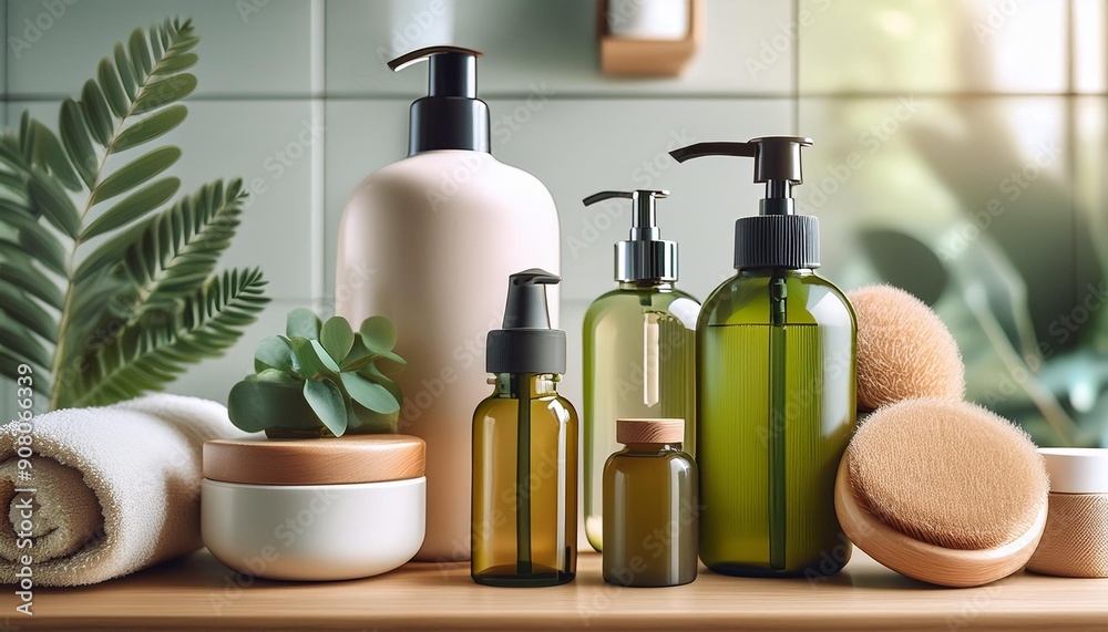 Eco-friendly toiletries arranged neatly in a modern bathroom, promoting natural and sustainable beauty products. Skincare, hygiene, organic cosmetics Eco-friendly toiletries arranged neatly in a modern bathroom, promoting natural and sustainable beauty products. Skincare, hygiene, organic cosmetics