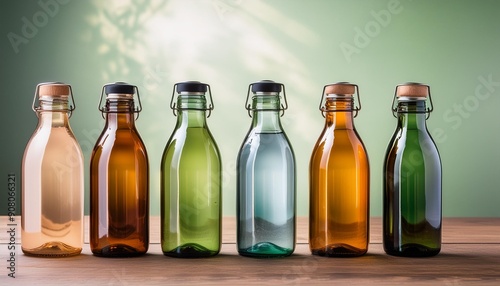 Wallpaper Mural Set of colorful glass bottles filled with different liquids on a wooden table, symbolizing eco-friendly and sustainable beverage storage. Torontodigital.ca