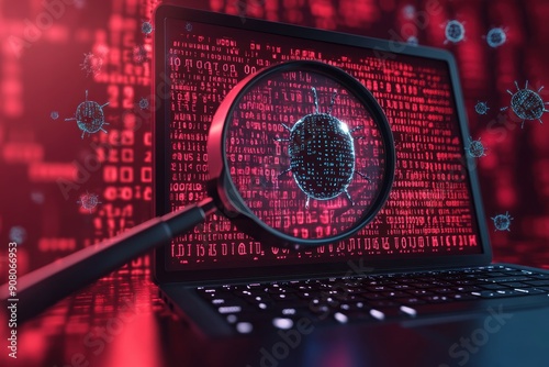 Magnifying glass analyzing computer virus through laptop screen with red binary code