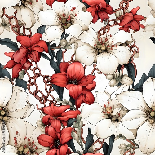 Discover a seamless pattern featuring elegant flowers intertwined with chains, perfect for textiles, wallpapers, and modern designs. Embrace nature's beauty! photo