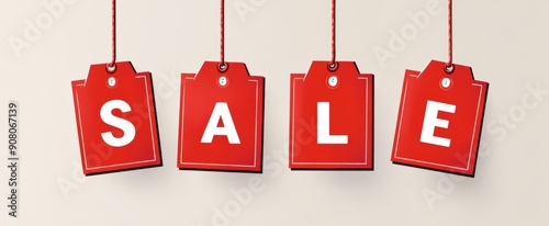 Four red hanging wobbly sale tags with strings on light grey background photo