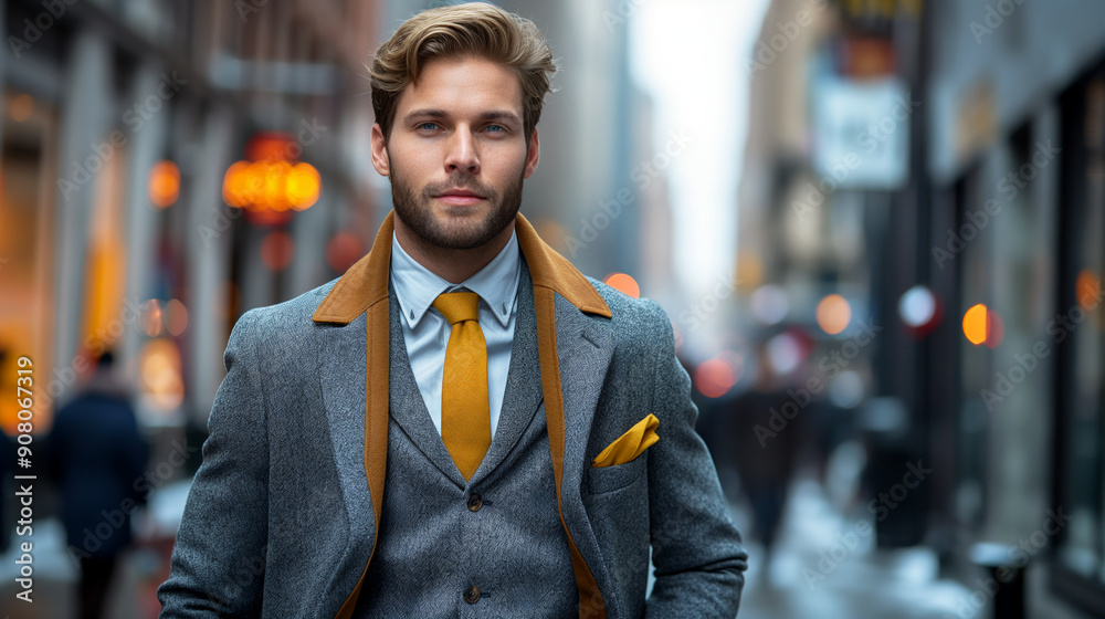 Fashionable man walking in the city. Generative AI Fashionable man walking in the city. Generative AI