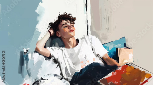 Teenager lies down on the bed after reading a book. Ruminating. Back to school story