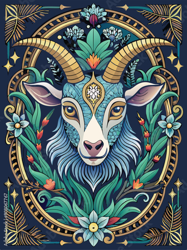 Ornate Floral Design Featuring a Blue and White Goat with Golden Horns