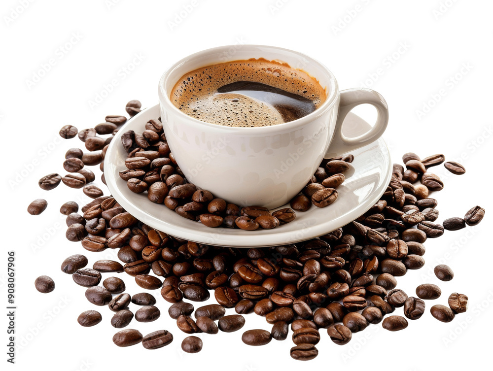 A cup of coffee with a saucer sits on a bed of roasted coffee beans. A cup of coffee with a saucer sits on a bed of roasted coffee beans.