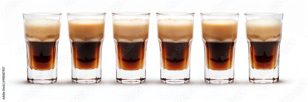 A row of six shot glasses, baby Guinness cocktail, on a plain white background, party vibes A row of six shot glasses, baby Guinness cocktail, on a plain white background, party vibes