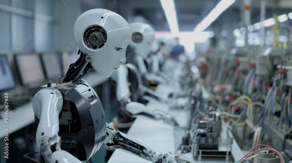 Fototapeta premium AI: A humanoid robot working alongside humans 