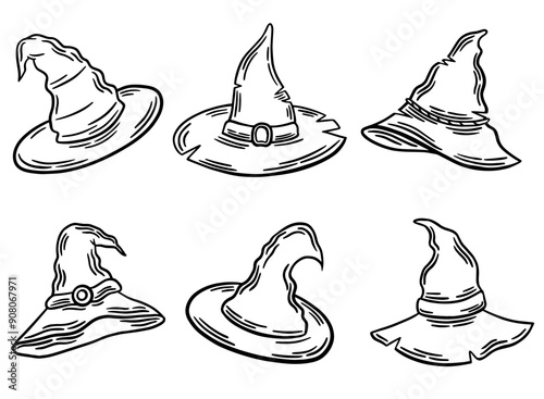 Witch hats on Halloween line drawing vector set of illustrations. Wizard Halloween hat clipart