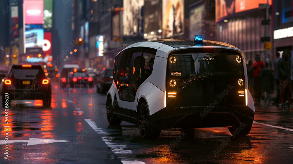An AI-powered autonomous vehicle navigating a busy city street. An AI-powered autonomous vehicle navigating a busy city street.
