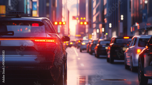 An AI-powered autonomous vehicle navigating a busy city street.