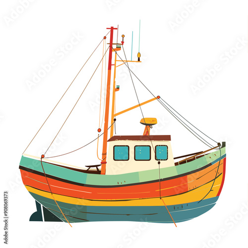 Bright colored fishing boat docked isolated white background. Small wooden vessel vibrant hues ocean lake. Barge painted red, orange, yellow, green, blue stripes, multiple ropes, masts