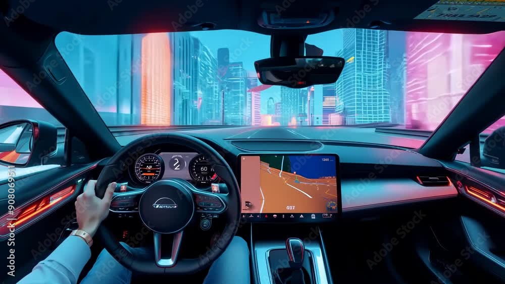 First person view of a man driving his futuristic car on the highway in the futuristic city. Advanced technology. Visualization